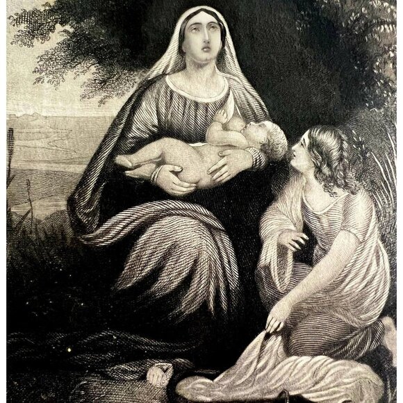 Moses Nursing In Bulrushes Steel Engraving 1859 Victorian Religious Art DWY5F - Picture 1 of 2
